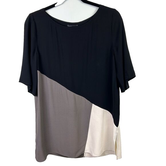 Eileen Fisher Color Block Short Sleeve Silk Top Bateau Neck Blouse Black Cream S - Picture 2 of 12
